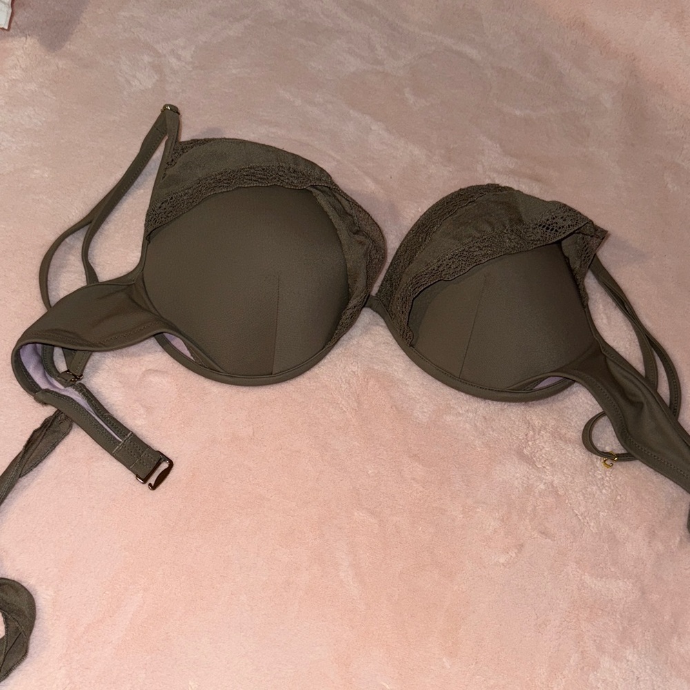 Olive Green Lace Trim bathing suit top